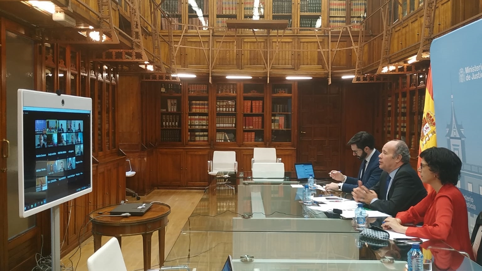 El ministro de Justicia, Juan Carlos Campo, durante su participaci&oacute;n en una reuni&oacute;n telem&aacute;tica de la Conferencia de Ministros de Justicia de los Pa&iacute;ses Iberoamericanos (COMJIB)