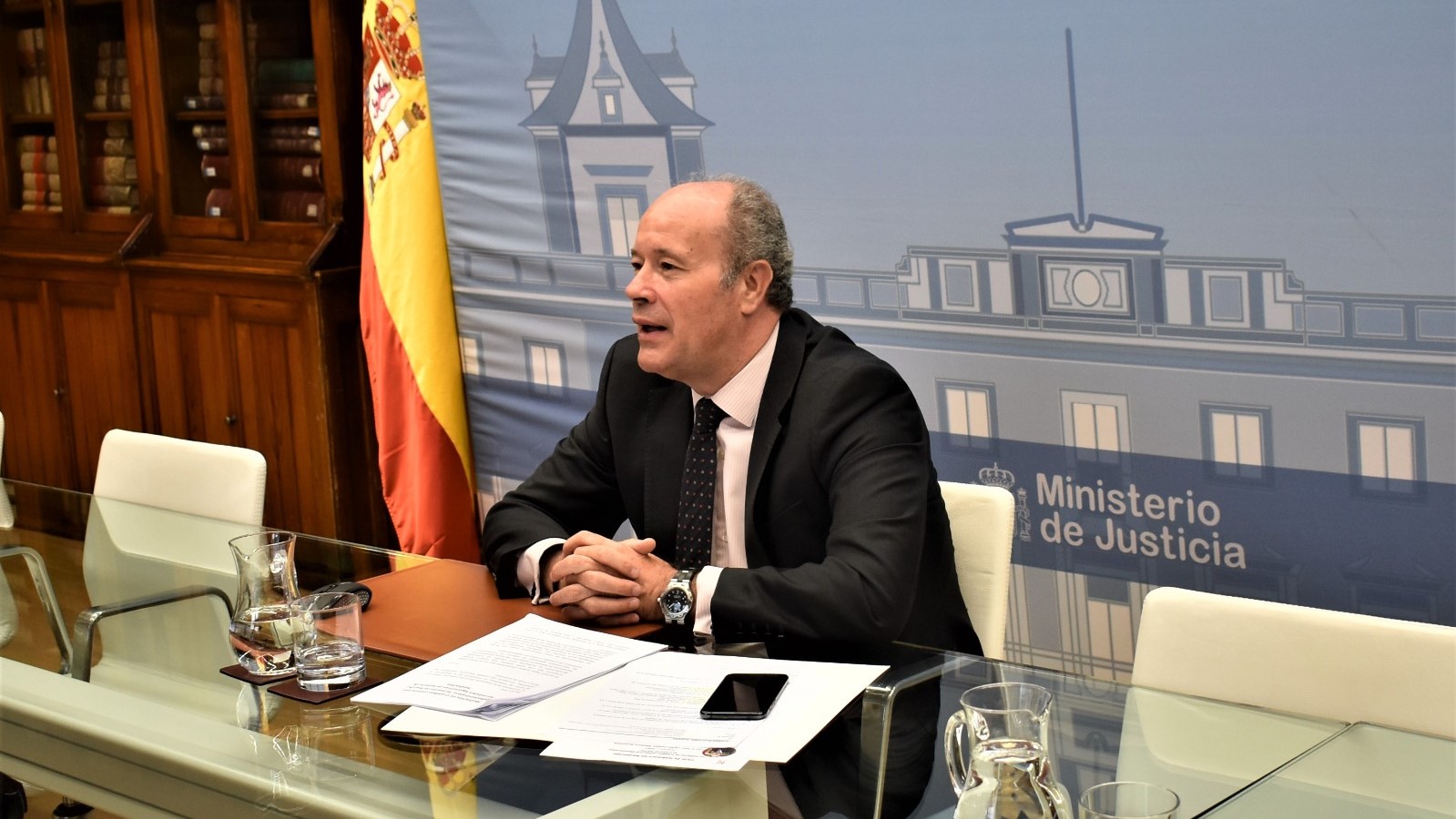 El ministro de Justicia, Juan Carlos Campo, durante su intervenci&oacute;n por videoconferencia en el Foro sobre mediaci&oacute;n organizado por la C&aacute;mara de Comercio de Valladolid