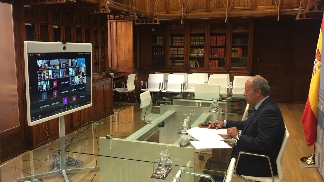 El ministro de Justicia, Juan Carlos Campo, durante la inauguraci&oacute;n telem&aacute;tica del World Law Congress