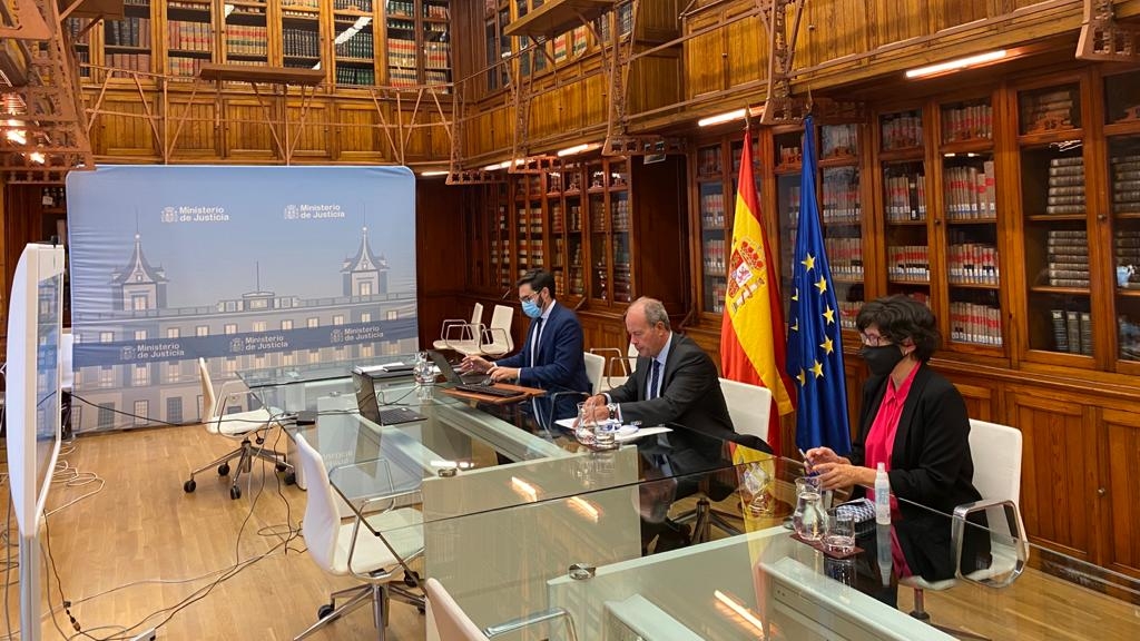 El ministro de Justicia, Juan Carlos Campo, durante su participaci&oacute;n por videoconferencia en el primer encuentro de instituciones de Justicia de Am&eacute;rica Latina y la Uni&oacute;n Europea (UE) organizado por PAcCTO