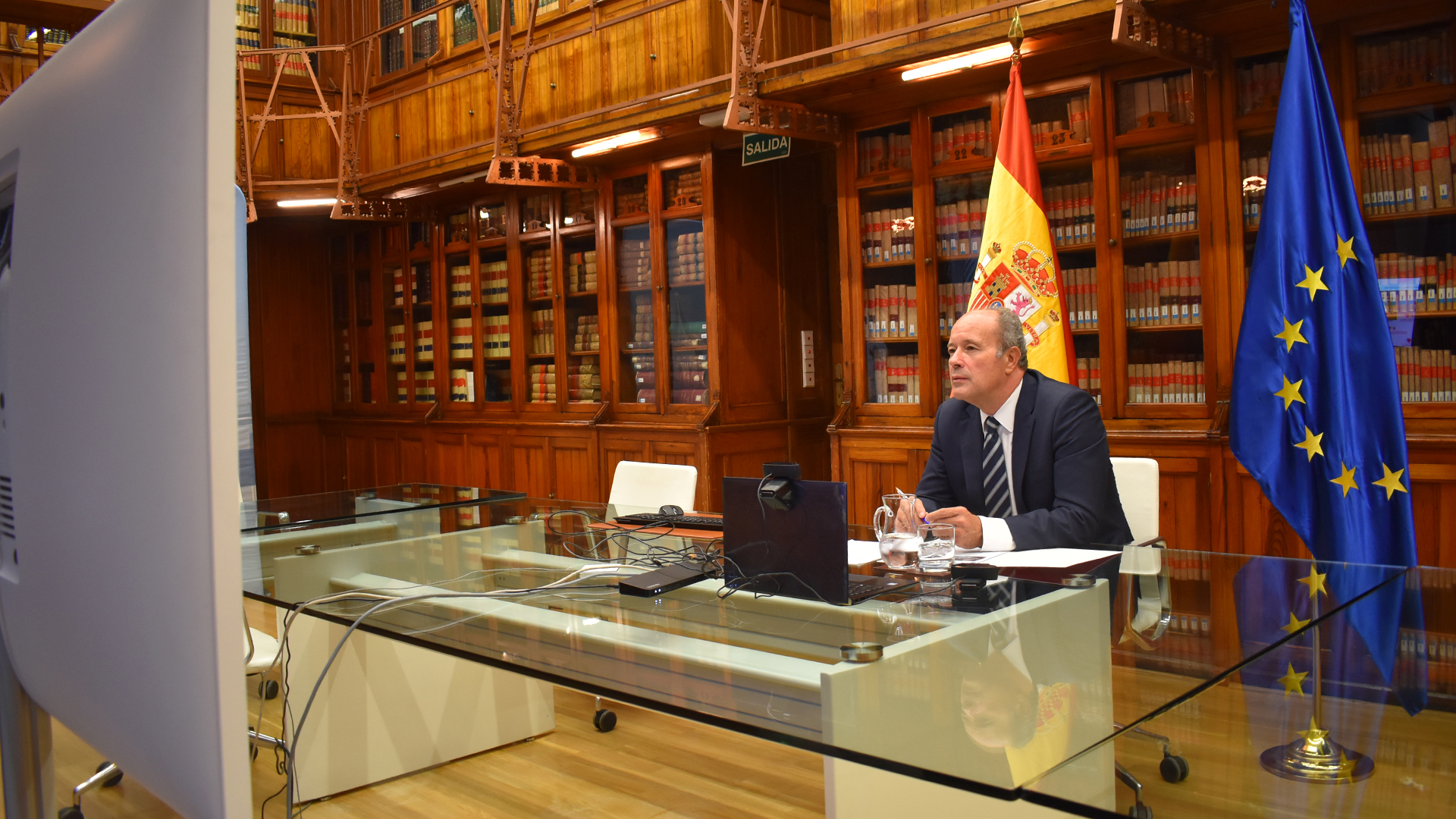 El ministro de Justicia, Juan Carlos Campo, durante su participaci&oacute;n en un encuentro informativo 'online', con Servimedia y Plena Inclusi&oacute;n