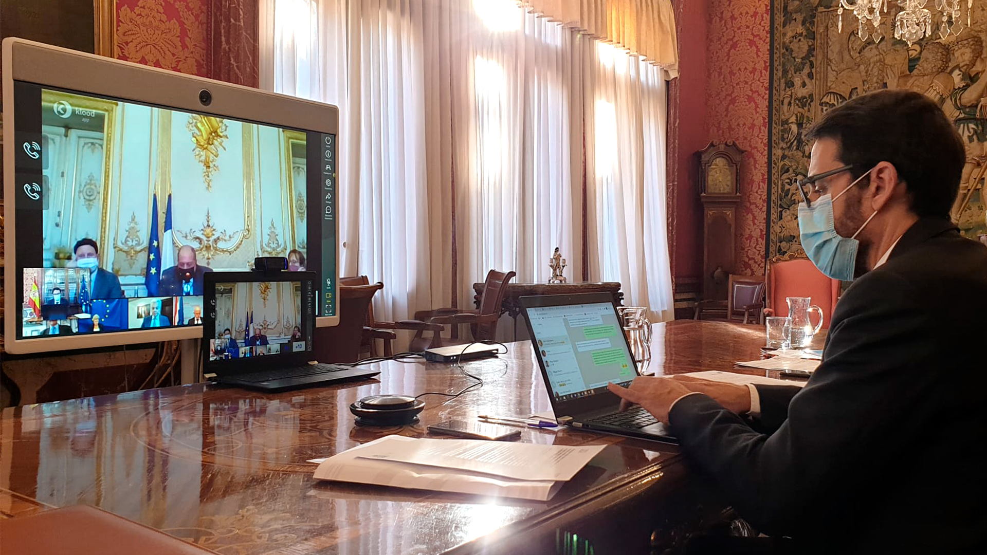 El secretario de Estado de Justicia, Pablo Zapatero, durante la reuni&oacute;n extraordinaria por videoconferencia del Grupo Vend&ocirc;me