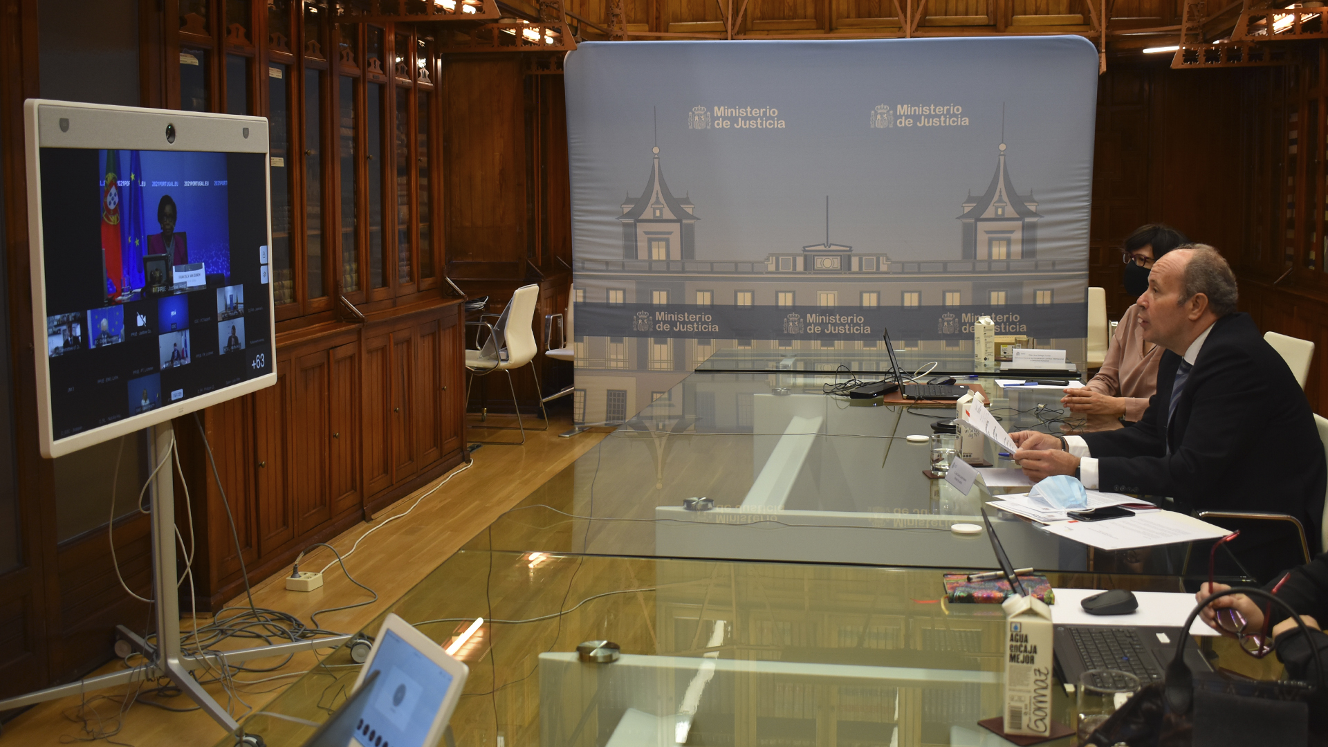 El ministro de Justicia, Juan carlos Campo, durante la reunión telemática del JAI